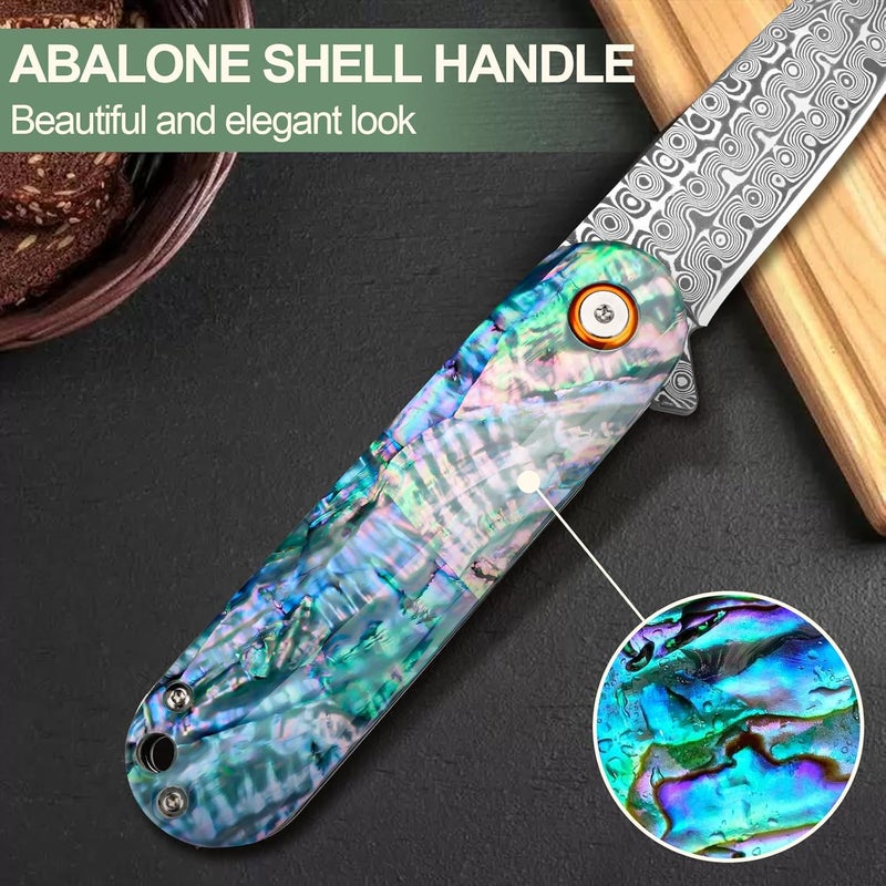 Zingbee Damascus Pocket Knife with Sheath 2.95" Damascus Steel Blade Folding Knife with Abalone Shell Handle EDC Pocket Knives for Men Women Outdoor Indoor Camping - Image 4